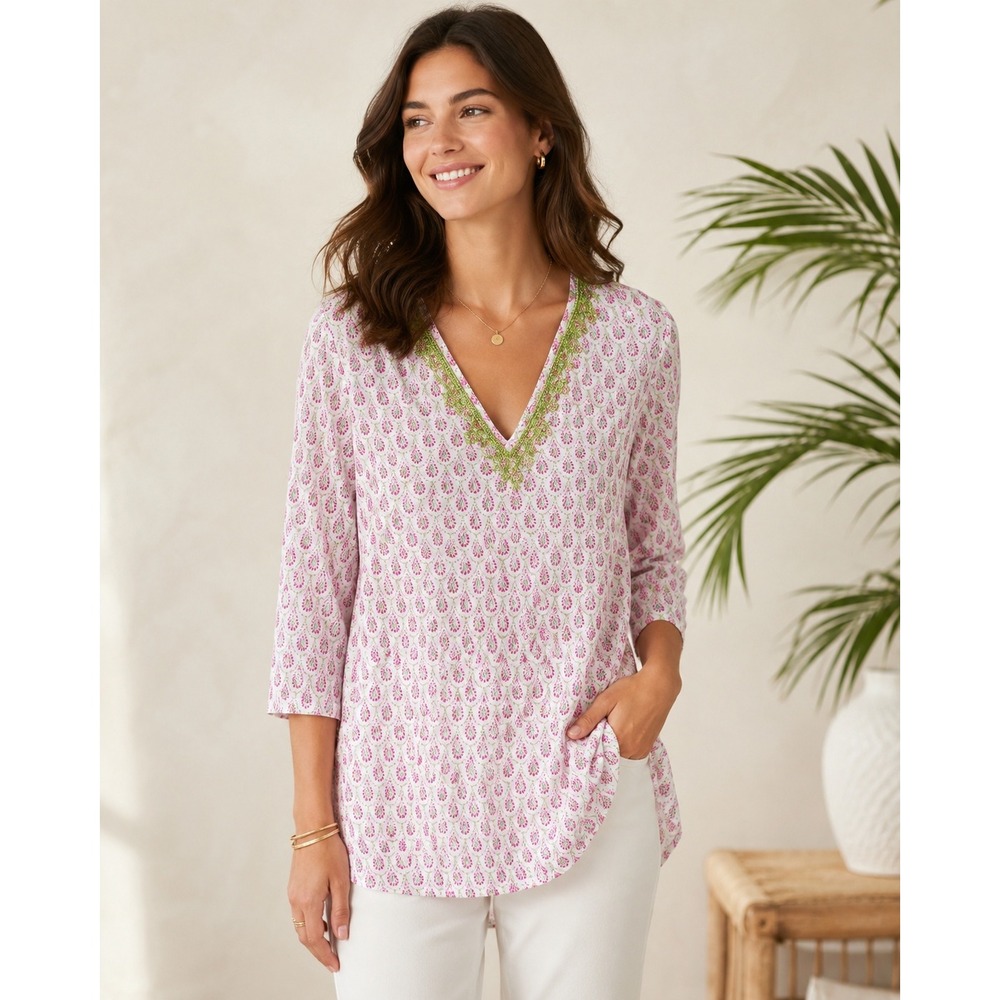 Floral Print Tunic Top Boho Cotton V Neck Green Pink Medium
